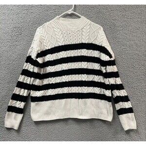 Tahari Sweater Women’s M White Black Striped Cotton Knit Pullover